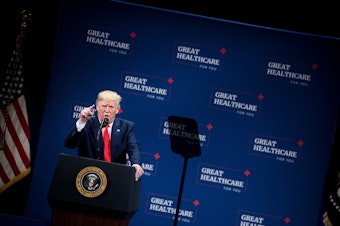 caption: President Trump talked to seniors about health care in central Florida in early October. "We eliminated Obamacare's horrible, horrible, very expensive and very unfair, unpopular individual mandate," Trump told the crowd.