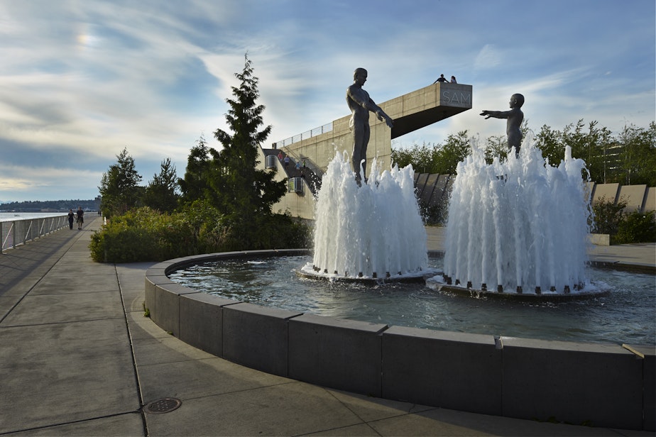 caption: Father and Son, a fountain by Louise Bourgeois, at Seattle Art Museum's Olympic Sculpture Park