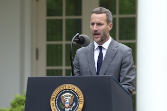 caption: Adam Boehler, chief executive officer of U.S. International Development Finance Corporation (DFC), speaks at the White House in April.