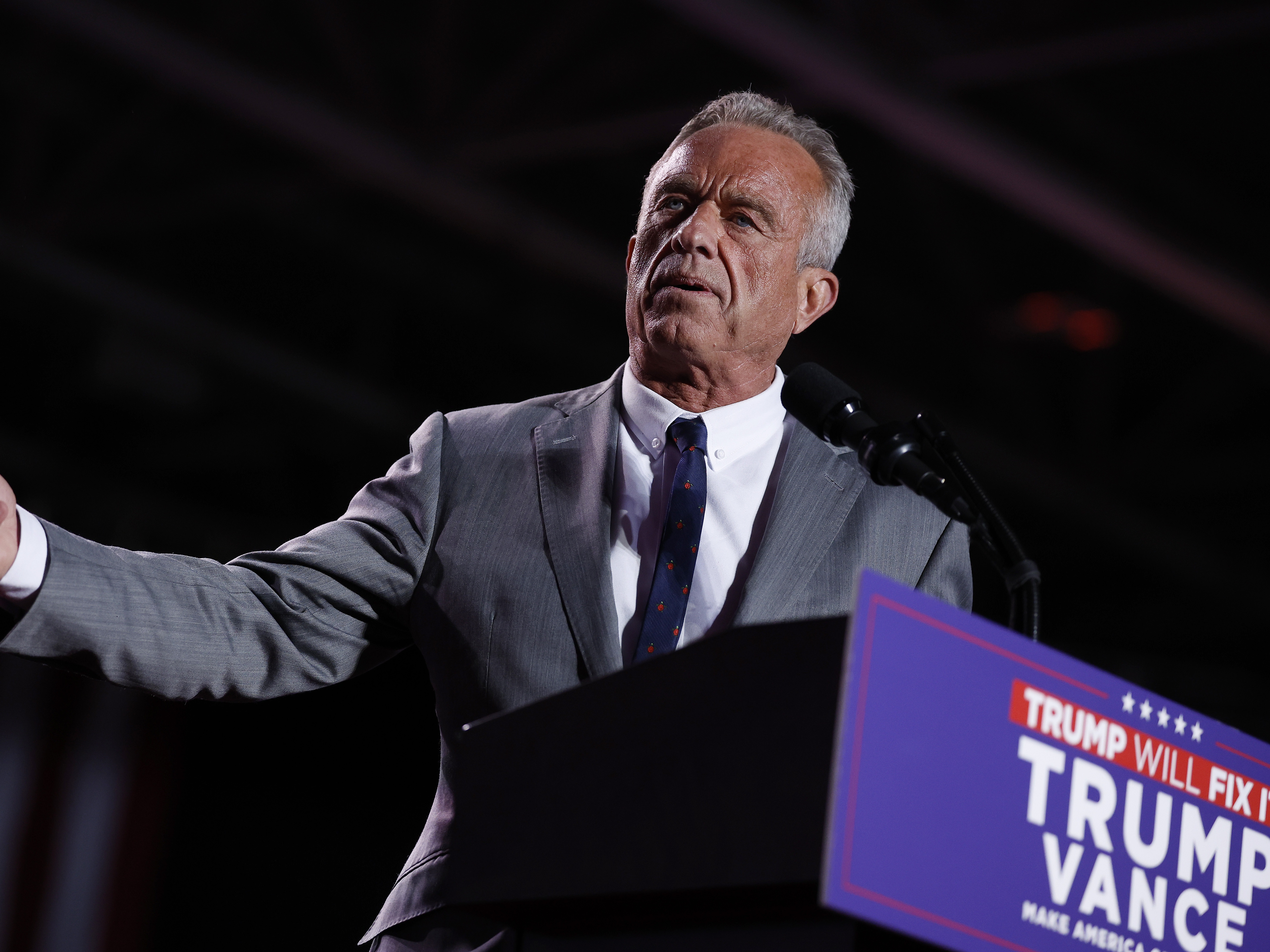 caption: Robert F. Kennedy Jr. speaks during a campaign rally for Donald Trump at Macomb Community College in Warren, Mich., on Nov. 1. Trump has now tapped Kennedy for his administration.