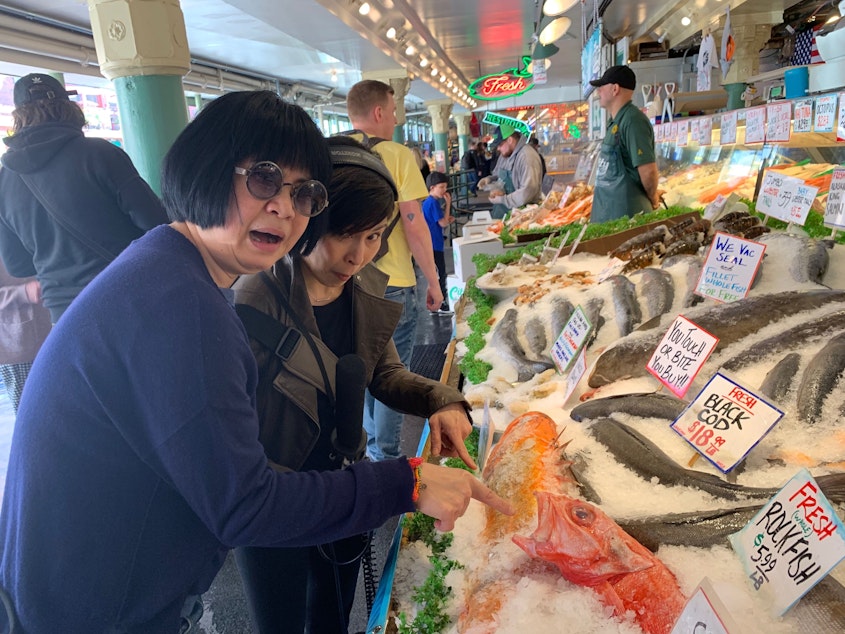 caption: Cookbook author Andrea Nguyen and KUOW's Ruby de Luna at Pike Place Market.