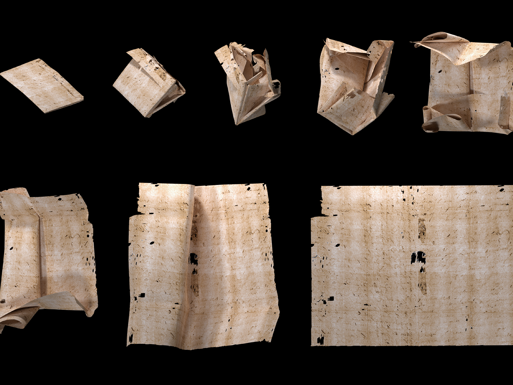 caption: Computer-generated unfolding sequence of sealed letter DB-1538. New research describes how "virtual unfolding" was used to read the contents of sealed letter-packets from 17th-century Europe without physically opening them.