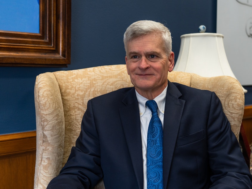 caption: Sen. Bill Cassidy sits for an NPR interview in Washington, D.C., on May 10.