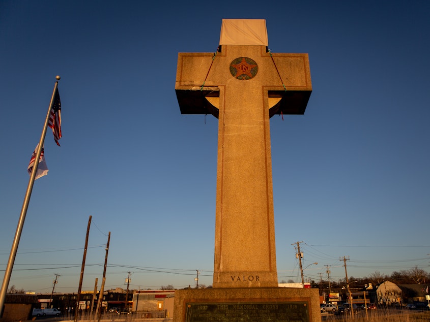 caption: A World War I memorial cross sits in Bladensburg, Md., just outside Washington, D.C. The federal government asked the Supreme Court to rule in favor of the cross.