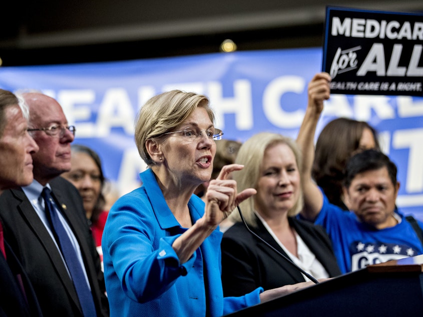 caption: Sen. Elizabeth Warren, a Democrat from Massachusetts (center), was just one of several potential 2020 presidential candidates who came out in support of Sanders' Medicare for All proposal in 2017.