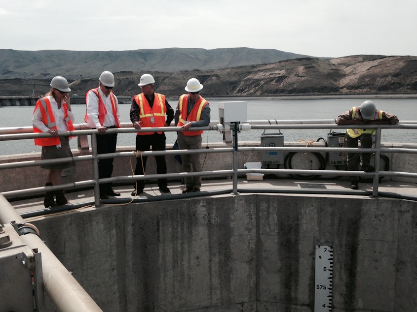 caption: Washington Governor Jay Inslee toured the cracked Wanapum Dam on Wednesday.
