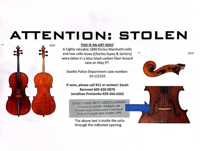 caption: “ATTENTION: STOLEN THIS IS AN ART HEIST,” reads a handout from cellist Sarah Rommel's offices at the University of Washington. 