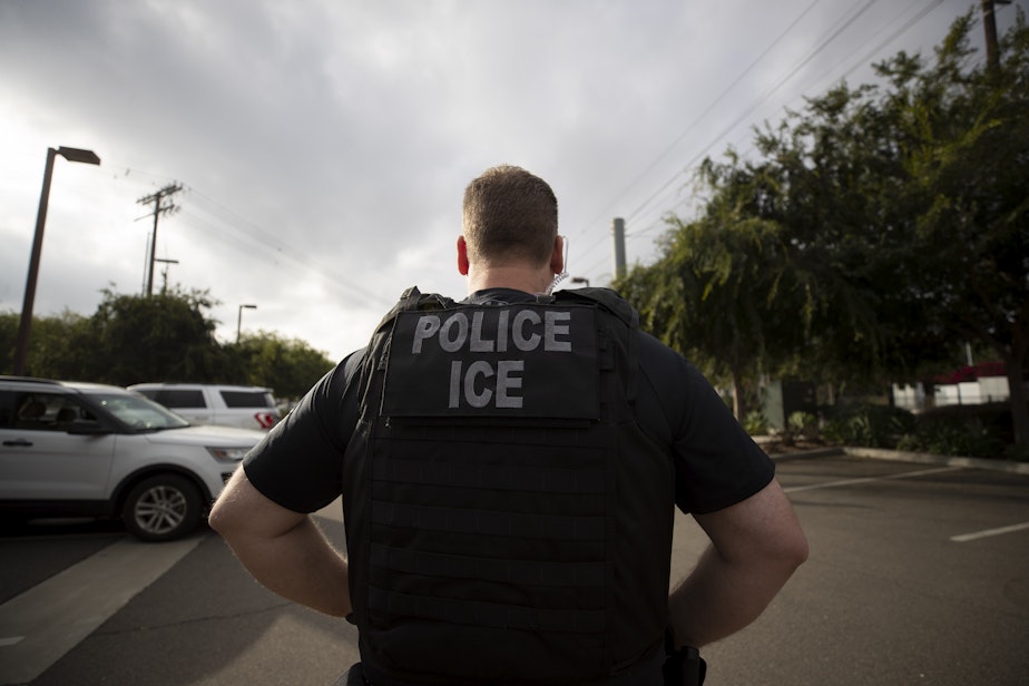 caption: In this July 8, 2019, photo, a U.S. Immigration and Customs Enforcement (ICE) officer looks on during an operation in Escondido, Calif. 