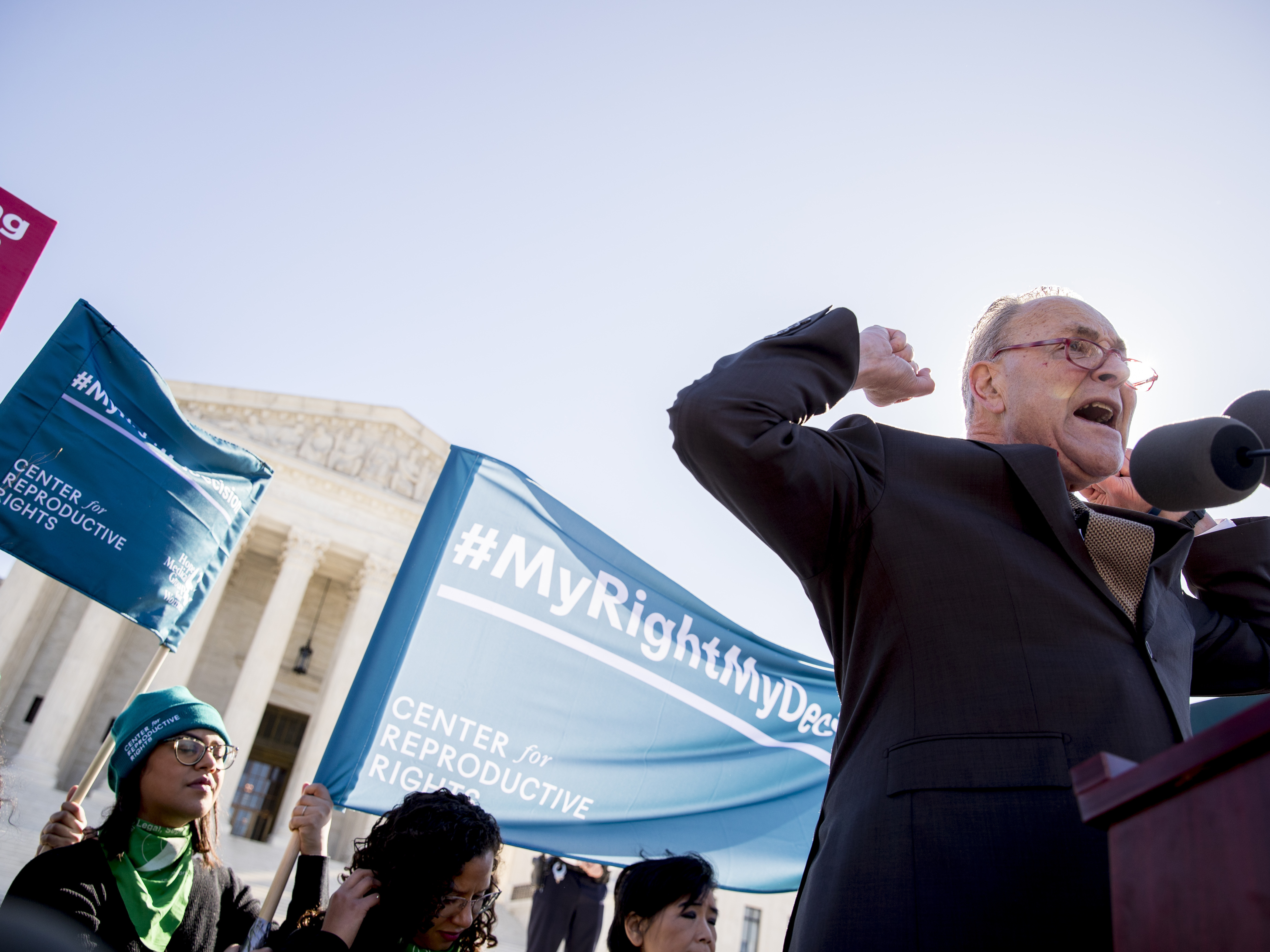caption: Senate Minority Leader Sen. Chuck Schumer of N.Y. is being criticized for comments he made to abortion rights activists at a rally outside the Supreme Court on Wednesday. The court was hearing arguments about a case about a Louisiana abortion law.