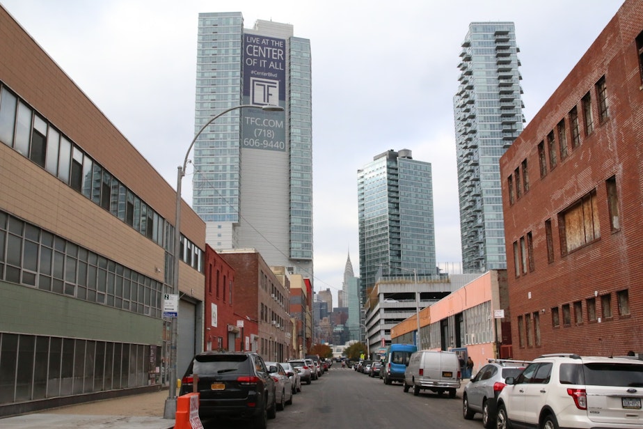 caption: Plaxall properties. Those on the right will go to Amazon. In the distance, the Chrysler building in Manhattan is visible.