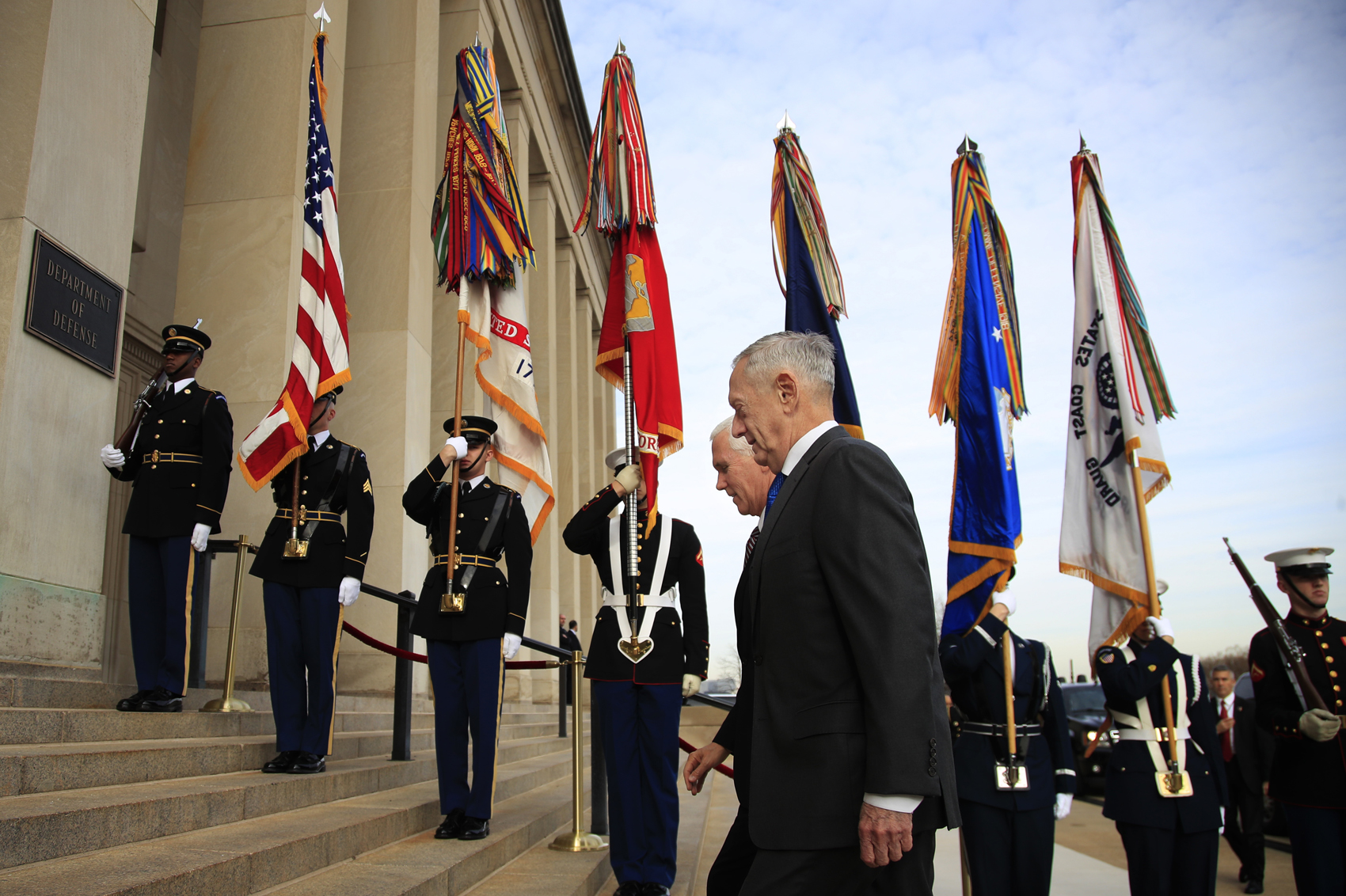 caption: Defense Secretary Jim Mattis welcomes Vice President Mike Pence to the Pentagon, Wednesday, Dec. 19, 2018. (Manuel Balce Ceneta/AP)