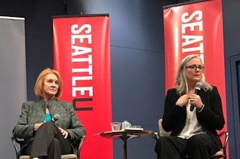 caption: Mayoral candidates Jenny Durkan and Cary Moon at Seattle University