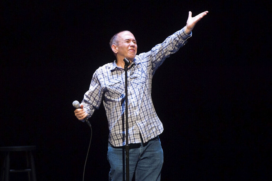 caption: Comedian Gilbert Gottfried performs at a David Lynch Foundation Benefit for Veterans with PTSD in New York on April 30, 2016. 